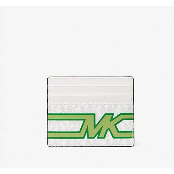 New Michael Kors Cooper Tall Card Case PVC with Leather Bright White /Palm Green - Picture 1 of 2